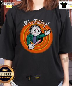 Official It's Friday Jason Friday the 13th ladies tee featuring a spooky graphic for horror movie fans.