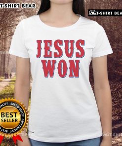 Official Jesus Won Texas Baseball Fan Ladies Tee featuring a stylish design for passionate female baseball supporters.
