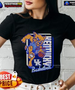 Alt Text: Official Kentucky Wildcats basketball mascot performing a dunk on a ladies tee, perfect for fans of the team.