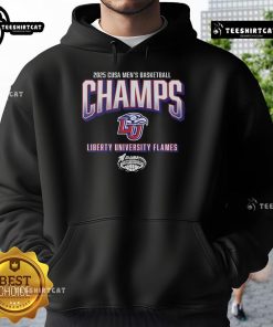 Official Liberty Flames 2025 C-USA Men's Basketball Conference Tournament Champions Hoodie in red and gold design.