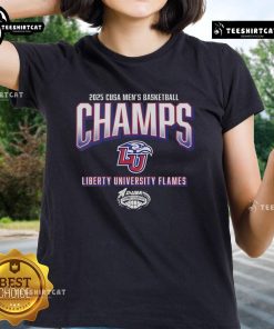 Alt Text: Official Liberty Flames 2025 C-USA Men's Basketball Conference Tournament Champions ladies tee, featuring team logo.