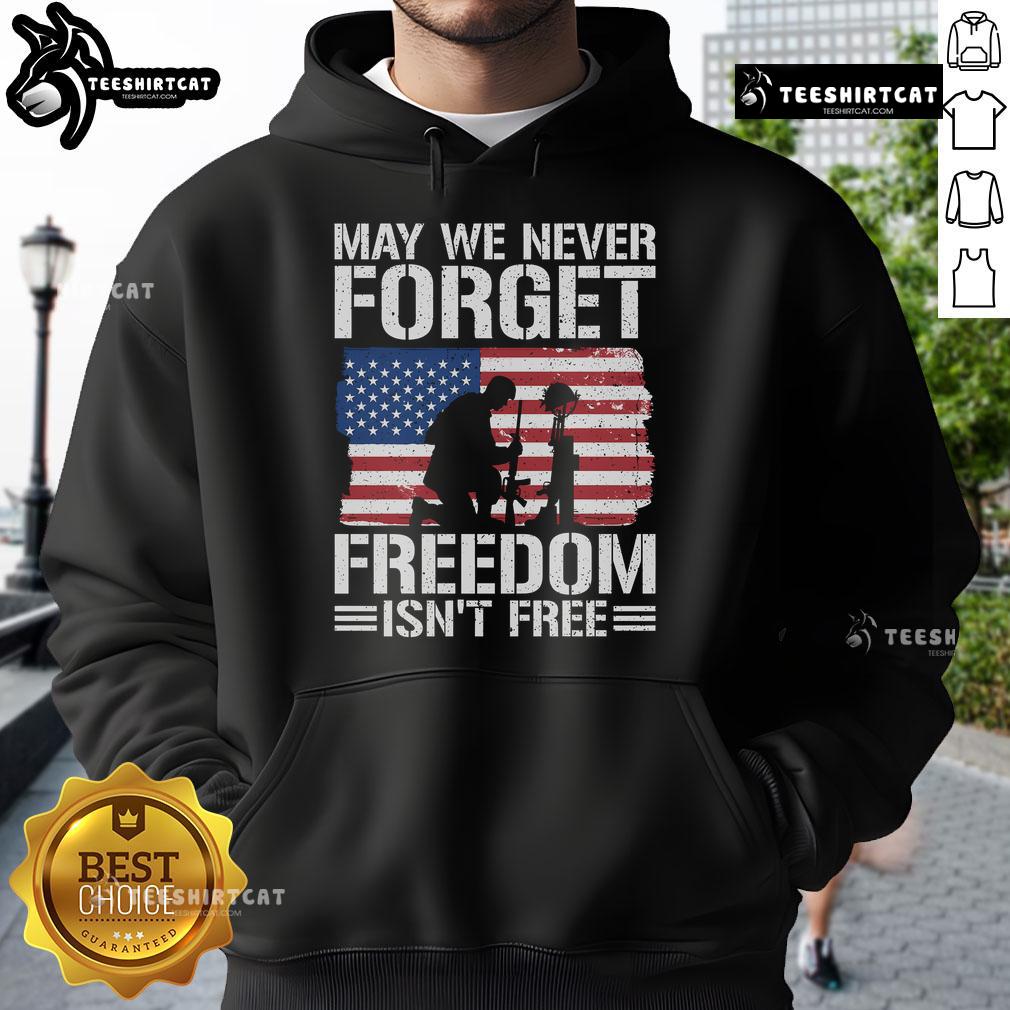 Official May We Never Forget Freedom Isn'T Free Hoodie Official May We Never Forget Freedom Isn't Free Hoodie showcasing patriotic design and bold text for veterans' support.