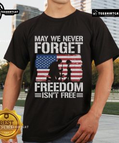 Official May We Never Forget Freedom Isn't Free T-Shirt featuring patriotic design and bold lettering.