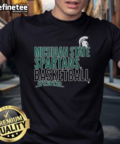 Alt Text: Official Michigan State Spartans Basketball T-shirt featuring state text logo overlay design for fans and athletes.