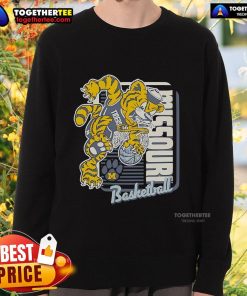Alt Text: Missouri Tigers basketball mascot performing a dunk while wearing a cozy sweatshirt, showcasing team spirit and style.