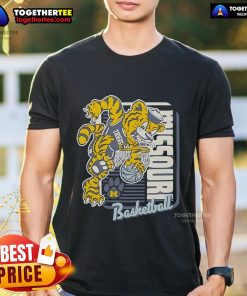 Alt Text: Official Missouri Tigers Basketball Mascot Dunk T-Shirt featuring vibrant graphics and team colors for fans.