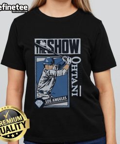 Official MLB The Show Dodgers Shohei Ohtani ladies tee featuring vibrant graphics and comfortable fit.