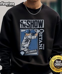 Official MLB The Show Dodgers Shohei Ohtani Sweatshirt featuring vibrant team colors and player graphics.
