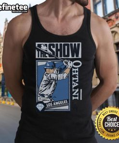 Official MLB The Show Dodgers Shohei Ohtani tank top featuring vibrant team colors and player graphics for fans.