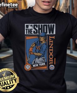 Alt Text: Official MLB The Show Mets Francisco Lindor T-Shirt featuring vibrant team colors and player graphics. Perfect for fans!