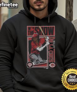 Alt Text: Official MLB The Show Reds Elly De La Cruz hoodie featuring vibrant team colors and player graphics, perfect for fans.