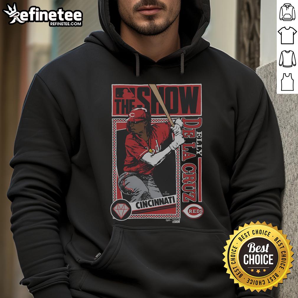Official Mlb The Show Reds Elly De La Cruz Hoodie Alt Text: Official MLB The Show Reds Elly De La Cruz hoodie featuring vibrant team colors and player graphics, perfect for fans.