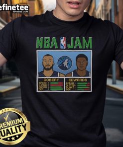 Alt Text: Official NBA Jam Timberwolves Gobert and Edwards T-shirt featuring vibrant team graphics and player names.