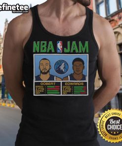 Official NBA Jam Timberwolves Gobert and Edwards tank top featuring vibrant team colors and player graphics.
