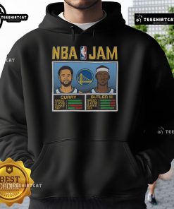 Official NBA Jam hoodie featuring Warriors stars Curry and Butler III, perfect for fans of basketball and streetwear.