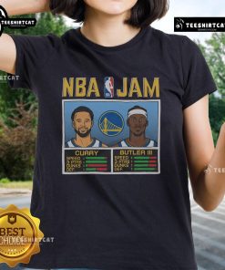 Official NBA Jam Warriors Tee featuring Curry and Butler III for women, perfect for fans of basketball and stylish apparel.