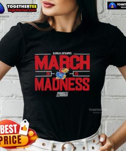 Alt Text: Official NCAA Men's Basketball 2025 Kansas Jayhawks March Madness ladies tee featuring team colors and logo.