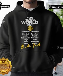 Official Nude Project World Tour hoodie featuring vibrant designs, perfect for fans attending the tour in their city.