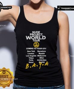 Official Nude Project World Tour tank top design featuring vibrant graphics, promoting the upcoming tour in your city.