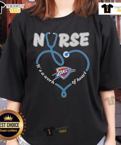 Official Oklahoma City Thunder stethoscope nurse tee, 'It's A Work Of Heart', perfect for passionate healthcare fans.
