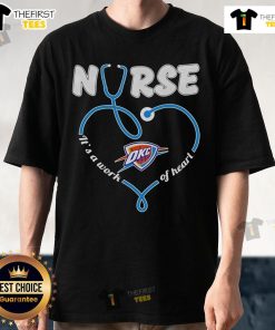 Alt Text: Official Oklahoma City Thunder Stethoscope Nurse T-Shirt - A Work of Heart design for healthcare fans.