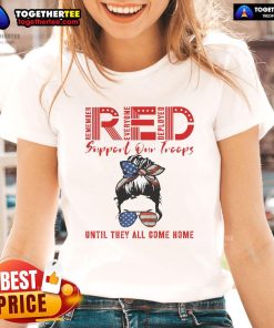 Official Friday We Wear Red tee for ladies, featuring US flag design, supporting military troops and their service.