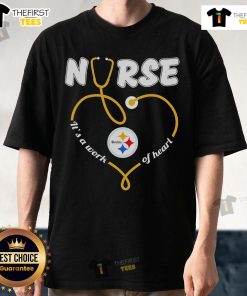Official Pittsburgh Steelers Stethoscope Nurse 'It's A Work Of Heart' T-Shirt featuring team colors and heart design.