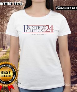 Official Punters Politics for 24 Policy Over Party Ladies Tee showcasing a stylish women's shirt with a political theme.