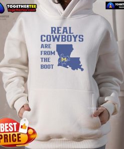 Official Real Cowboys Are From The Boot Hoodie in black, featuring bold white text and a classic hoodie design.