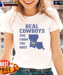 Official Real Cowboys Are From The Boot Ladies Tee featuring a stylish design perfect for country fashion enthusiasts.