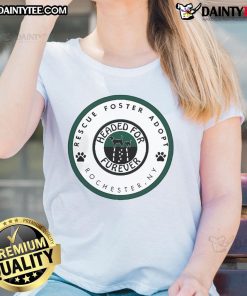 Official Rescue Foster Adopt tee for ladies, promoting pet adoption in Rochester, New York.