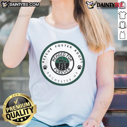 Official Rescue Foster Adopt tee for ladies, promoting pet adoption in Rochester, New York.