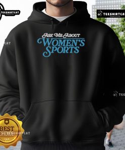 Official Sarah Spain 'Ask Me About Women's Sports' hoodie in navy blue, promoting women's sports and empowerment.