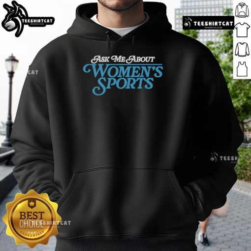 Official Sarah Spain 'Ask Me About Women's Sports' hoodie in navy blue, promoting women's sports and empowerment.