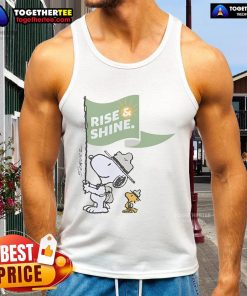Alt Text: Official Snoopy and Woodstock Rise Shine Flag Tank Top featuring vibrant graphics of iconic characters on a stylish tee.