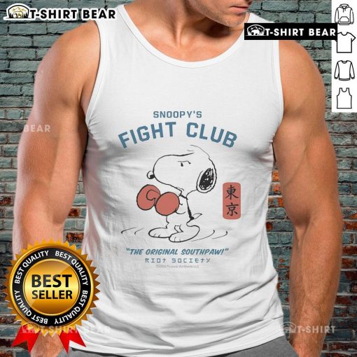 Alt Text: Snoopys Fight Club tank top from Riot Society 2025, featuring iconic Peanuts characters and a stylish southpaw design.