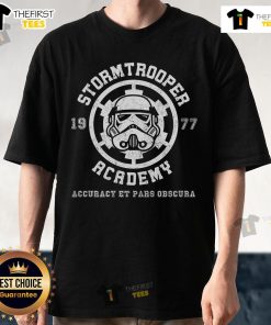 Official Stormtrooper Academy Est 1977 T-Shirt featuring 'Accuracy Et Pars Obscura' design for Star Wars fans.