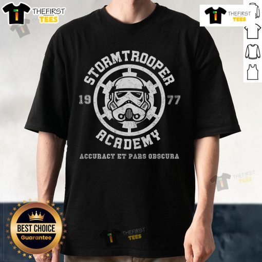 Official Stormtrooper Academy Est 1977 T-Shirt featuring 'Accuracy Et Pars Obscura' design for Star Wars fans.