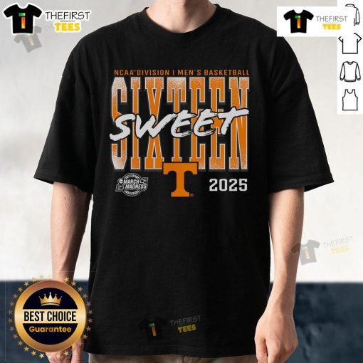 Official Tennessee Volunteers 2025 NCAA Men's Basketball Tournament Sweet 16 T-Shirt featuring team colors and logo.