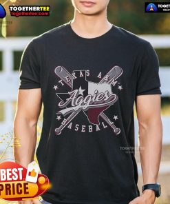 Alt Text: Official Texas A&M Aggies Crossed Bats Baseball T-Shirt featuring team colors and logo for fans and players.