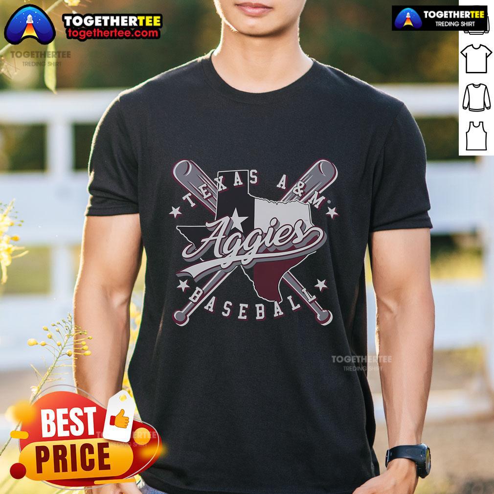 Official Texas A&M Aggies Crossed Bats Baseball T Shirt Alt Text: Official Texas A&M Aggies Crossed Bats Baseball T-Shirt featuring team colors and logo for fans and players.