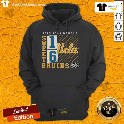 UCLA Bruins 2025 NCAA Women's Basketball Tournament Sweet 16 hoodie featuring a stylish no-look pass design.