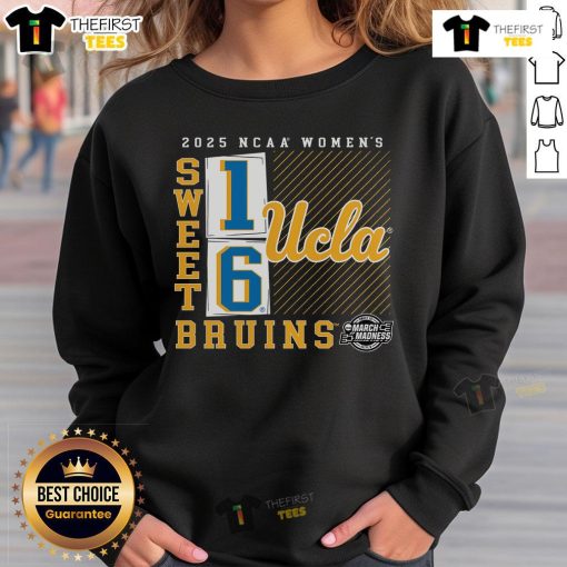 Official UCLA Bruins 2025 NCAA Women's Basketball Tournament Sweet 16 sweatshirt featuring a stylish no-look pass design.