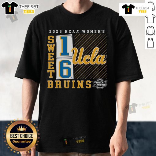 Official UCLA Bruins 2025 NCAA Women's Basketball Tournament Sweet 16 No Look Pass T-Shirt in blue and gold design.