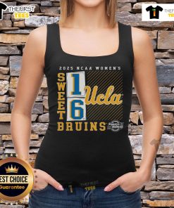 UCLA Bruins 2025 NCAA Women's Basketball Tournament Sweet 16 tank top featuring a stylish no-look pass design.