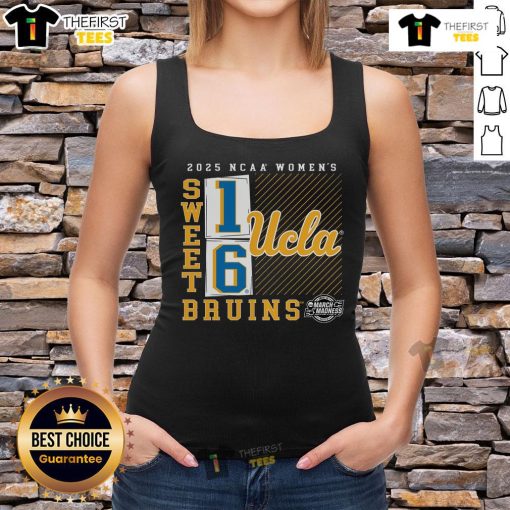 UCLA Bruins 2025 NCAA Women's Basketball Tournament Sweet 16 tank top featuring a stylish no-look pass design.