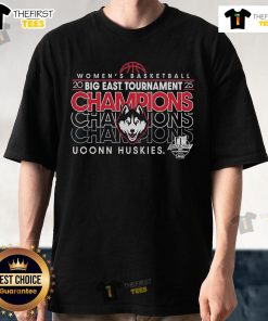 UConn Women's Basketball 2024-25 Big East WBB Tournament Champions T-Shirt featuring team colors and logo design.