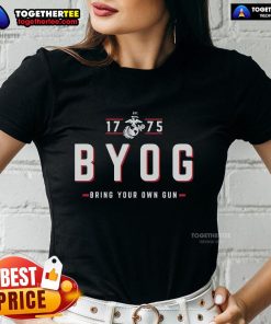 Official USMC Bring Your Own Gun Est. 1775 Ladies Tee featuring a stylish design for proud Marine supporters.