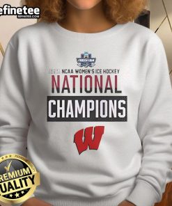 Official Wisconsin Badgers 2025 Women's Hockey Tournament Champions sweatshirt in red with logo and celebration graphics.