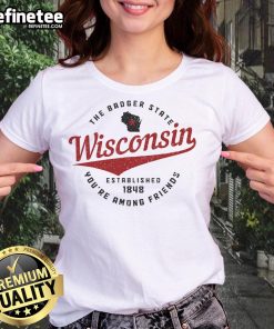 Alt Text: Official Wisconsin Est. 1848 Badger State map pride ladies tee showcasing Wisconsin's iconic features and history.